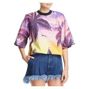 KSENIA SCHNAIDER Womens Purple Printed Short Sleeve Crew Neck Top L